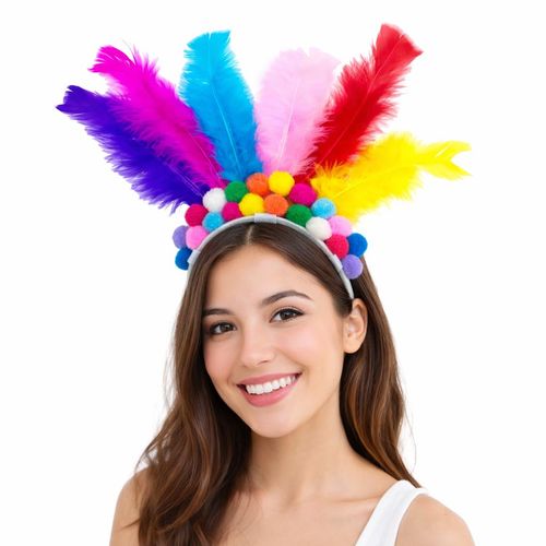 Tiara Penas e Pompons Coloridos