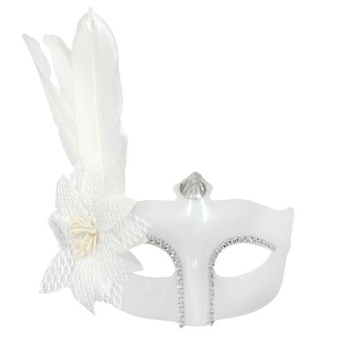Máscara Branca com Flor e Pena