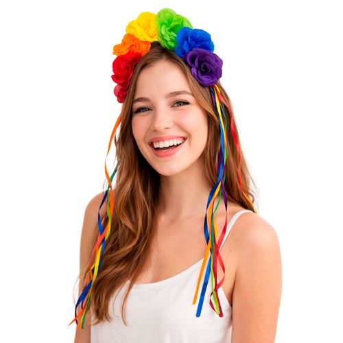 Tiara Flores e Fitas Arco Íris