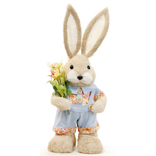 Coelho Decorativo em Pé Floral Azul - 45cm