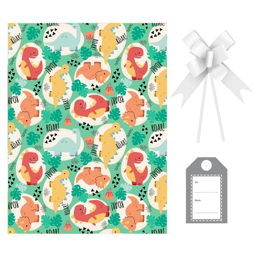 Kit Saco Presente Dino com Laço e Tag - 30x44cm