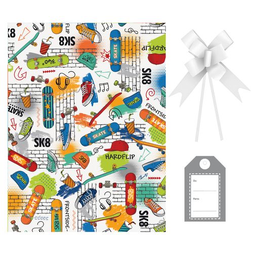 Kit Saco Presente Skate com Laço e Tag - 30x44cm