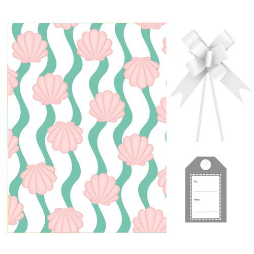 Kit Saco Presente Concha Mermaid com Laço e Tag - 30x44cm