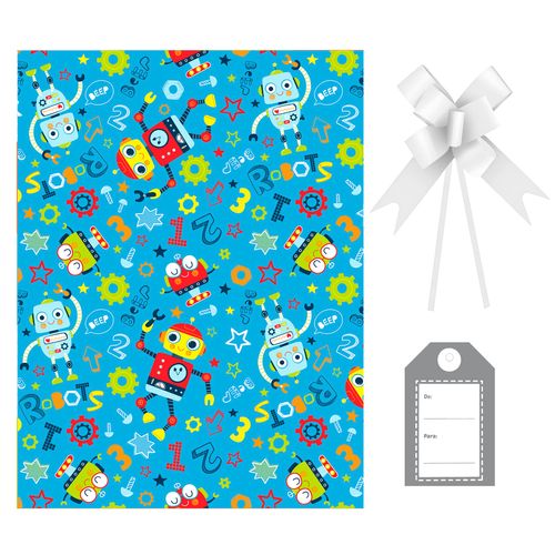 Kit Saco Presente Robôs com Laço e Tag - 30x44cm