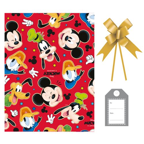 Kit Saco Presente Mickey e Turma com Laço e Tag - 30x44cm