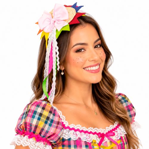Tiara Junina com Chapéu Boneca Laço e Bandeirinha