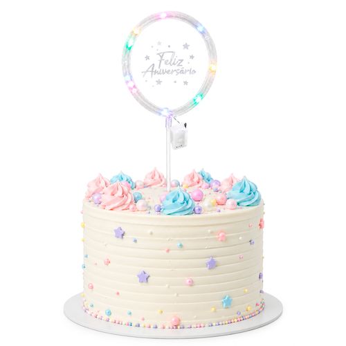 Topo de Bolo Balão com LED Feliz Aniversário