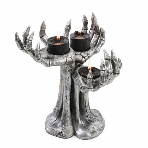 Enfeite Resina Candelabro Mãos Esqueleto - 26cm