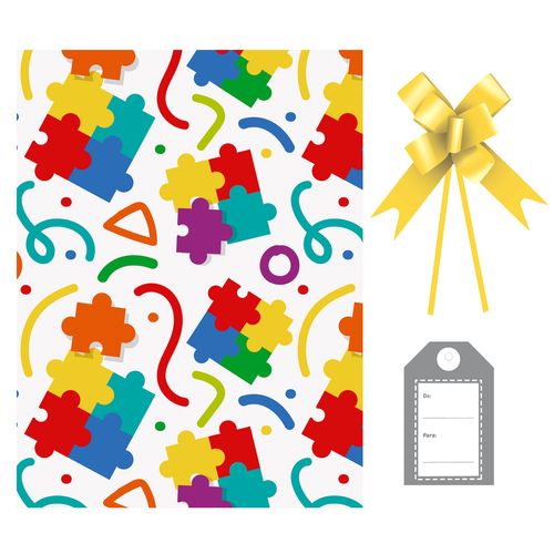 Kit Saco Presente Quebra Cabeça com Laço e Tag - 50x70cm